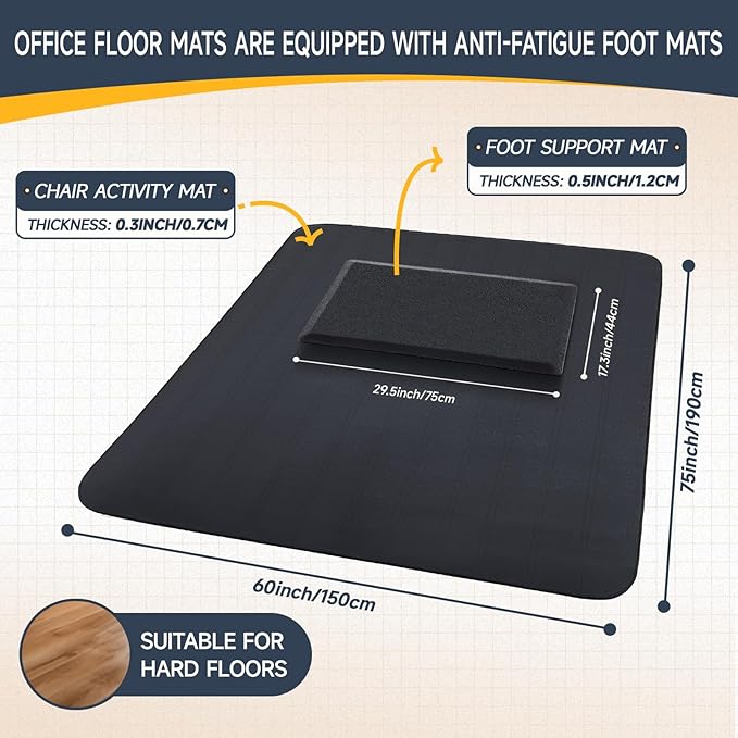 Nuanchu 2 Pcs Large Hard Floor Chair Mat and Anti Fatigue Mat Set Desk Rug for Rolling Chair on Hardwood Non Slip Anti Fatigue Rug for Standing Work Office Kitchen(74 x 59 Inches,29 x 17 Inches)