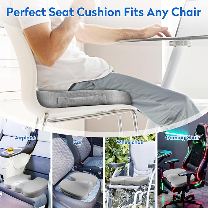 CushZone Seat Cushion, Office Chair Cushions, Car Seat Cushion, Non-Slip Sciatica & Back Coccyx Tailbone Pain Relief Chair Pad, Memory Foam (Large,Light Grey)