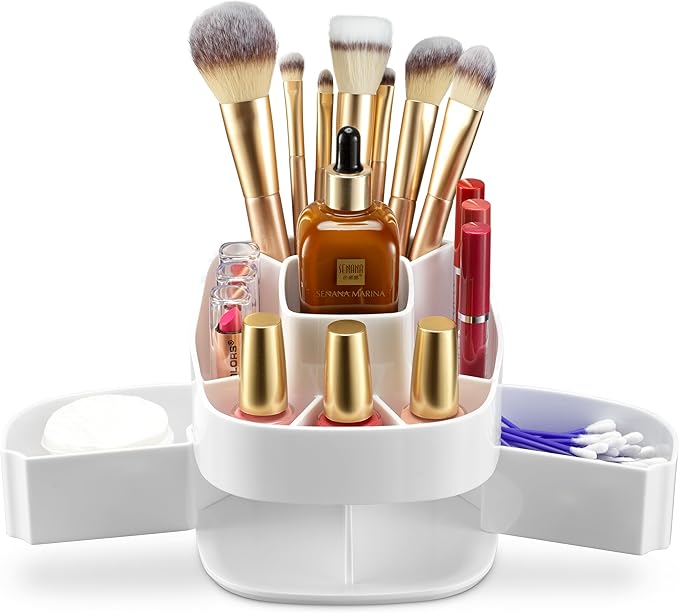 Masirs Small 360 Rotating Makeup Organizer, 5 Compartments, Square White | Small 360 Rotating Makeup Organizer, 5 Compartments, Acrylic Mini Lazy Susan, Vanity Bathroom Counter, Square White