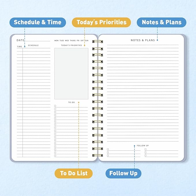 Sweetzer & Orange Daily Planner Notebook – Undated Two-Page Daily Layout with Hourly Schedule, To-Do List, Priorities, and Notes – 6.5" x 9.5" Spiral Bound Productivity Organizer – 160 Pages