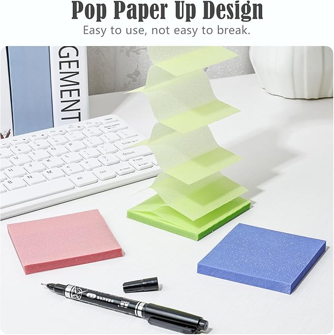 BAYTORY 240 Sheets Pop Paper Up Transparent Glitter Sticky Notes, 1Pc Double Maker Pen, Waterproof Self-Stick Note, 3 x 3 Colorful Self-Adhesive Note for Bible Accessories (Green & Pink & Blue)