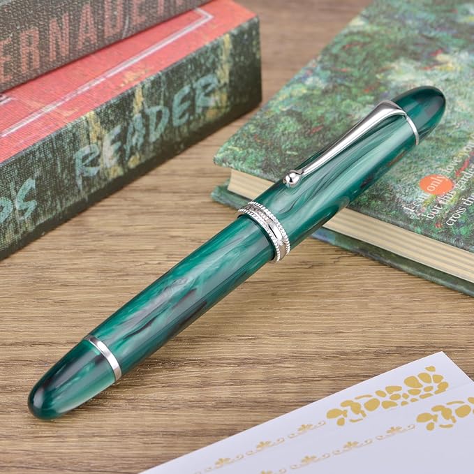 Asvine V800 Fountain Pen -Vacuum Filling System with Large Ink Capacity-Number 8 Stub Nib 1.1mm Calligraphy Art Drawing with Wrench - Green Acrylic