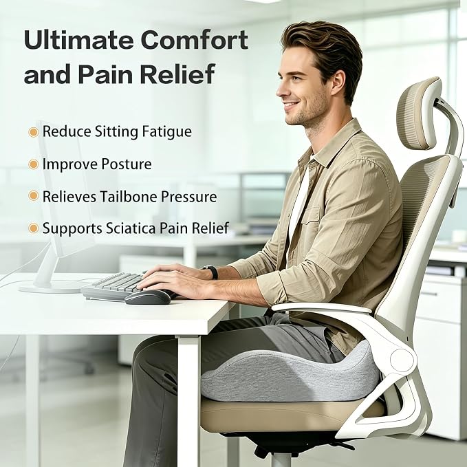 Memory Foam Seat Cushion for Sciatica & Tailbone Pain Relief – Comfort Support for Office Chair, Car Seat, Airplane, Long Sitting Workers & Drivers (Gray)