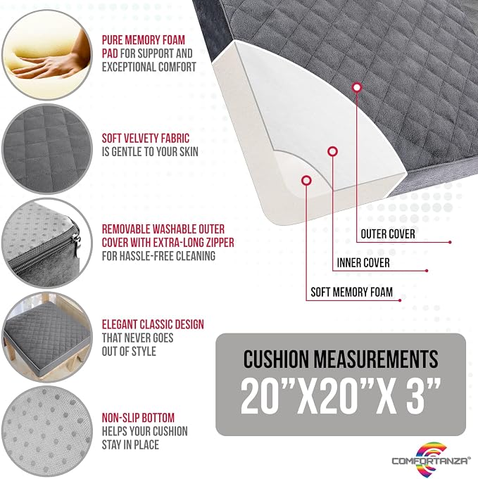 Medium-Soft 20x20x3 Memory Foam Recliner Chair Seat Cushion for Long Sitting - Armchair Pad with Washable Velvety Cover with Waterproof Layer & Non-Slip Base for Seniors & Elderly - Brown