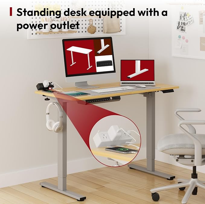 SANODESK Electric Standing Desk with Desk Clamp Power Strip 40"x 24" Whole-Piece Desktop Height Adjustable Stand Up Desk with Cable Management Sit Stand Home Office Desk Silver Frame/Maple Top
