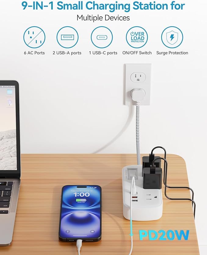 PD 20W USB C Surge Protector Power Strip, Travel Power Strip with 3 USB(1 USB C) Ports and 6 Outlets, Short Extension Cord 1 Ft, PD 20W Fast Charging Station, Wall Mount for iPad Pro iPhone Samsung