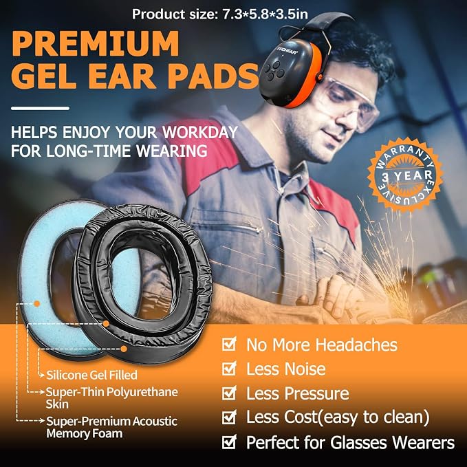 PROHEAR 037 Gel Ear Pads Bluetooth 6.0 Hearing Protection Headphones,1500mAh Rechargeable Battery for 120H Playtime Perfect for Mowing Workshops Snowblowing - Orange