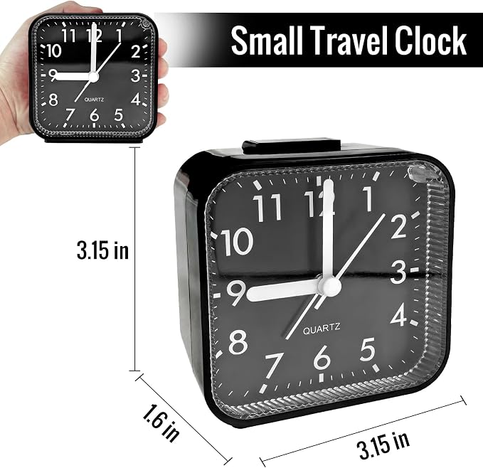 Lamisola Small Analog Alarm Clock for Bathroom, Black Travel Clock, Battery Operated, Quieter Bedside Dial Clocks for Bedrooms Kitchen, Shelf Desk Clock