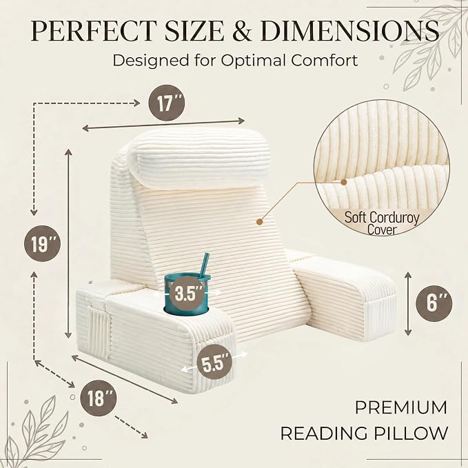 Reading Pillow for Adults, Back Pillow for Bed Sitting Up, Backrest Pillow for Sitting in Bed, Detachable Arms with Built-in Cup & Phone Caddy (Beige-Corduroy, 19 INCH)