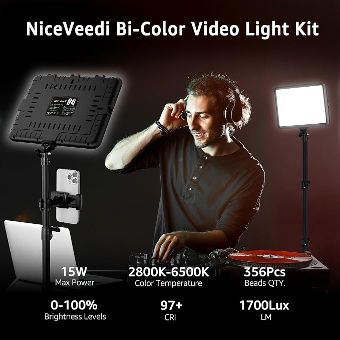 NiceVeedi 1-Pack Photography Lighting Kit, 2800-6500K Bi-Color LED Video Light Kit, Dimmable Studio Light with Tripod Stand & Phone Holder, Light for Video Recording, Game Streaming, YouTube