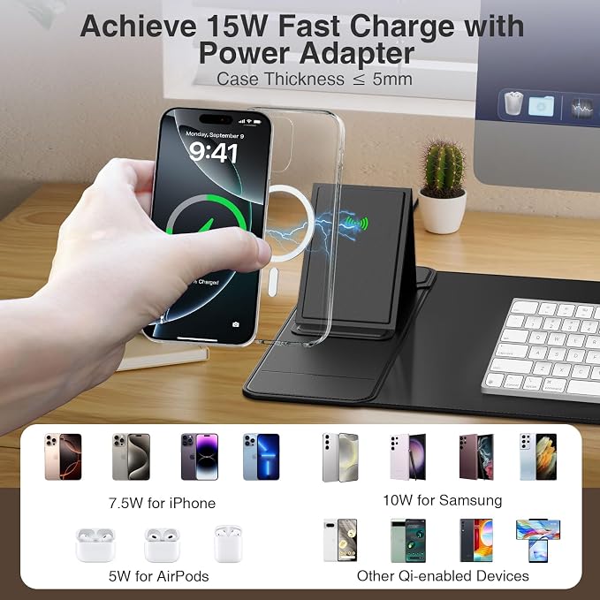 Mouse Pad with Wireless Charging & Foldable Phone Holder, 27.5"x11.8" Black | Desk Protector with Stitched Edges, Non-Slip Base, Laptop Desk Mat, Waterproof Writing Pad for Office & Home