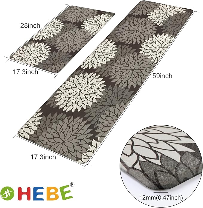 HEBE Anti Fatigue Kitchen Rugs Set of 2, Cushioned Kitchen Mats for Floor | Non Slip Washable Kitchen Runner Rug Set, Floral Stain Resistant Waterproof Comfort Mat Carpet for Sink, Standing Desk