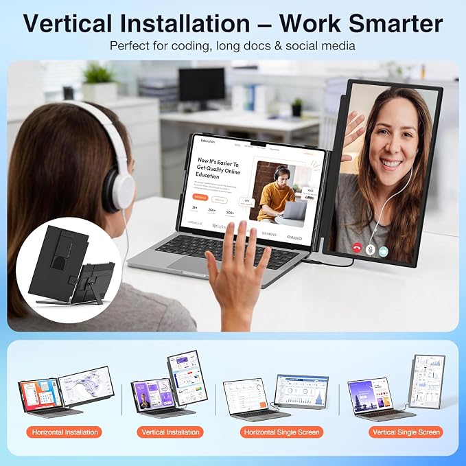 FLYTOCCA Laptop Screen Extender, 15.6" 1080P FHD IPS Display, Detachable Second Monitor Supports Vertical Mount, Plug & Play, Laptop Monitor Extender for 13"-17.3" Laptops, Windows, Mac, Chrome