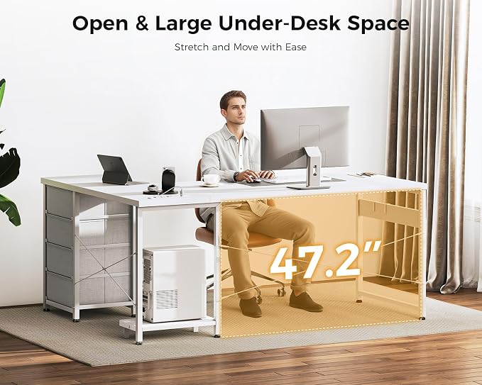 AODK 61" L Shaped Gaming Desk with 4 Drawers and Power Outlets, White | USB Ports, PC Tower Stand, Hooks, Reversible Corner Layout for Gaming Rooms, Bedrooms and Home Office