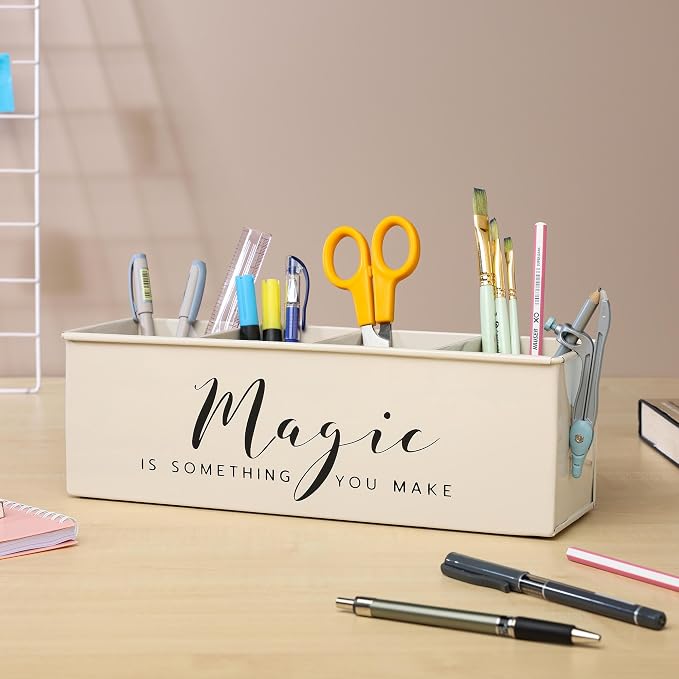 dudki Desk organizer with 4 compartments for office table | stylish Metal Desk Organizer | Stationary Storage | Pencil Holder for Office, Home, and Study Table (Magic) Beige