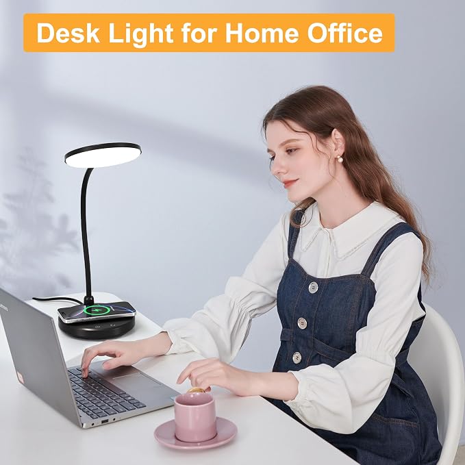 Desk Lamp for Home Office, Small Desk Lamp with Wireless Charger, Dimmable 3 Color Modes Study Lamp, Adjustable Neck 800LM Eye-Caring Desk Light, Bedside, College Dorm, Adapter Included