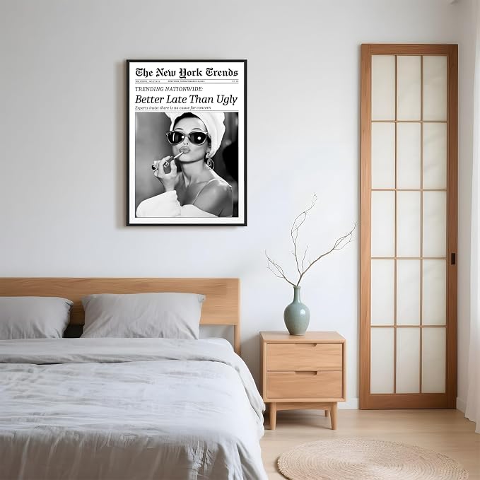 Framed Better Late Than Ugly Wall Decor Vintage Newspaper Wall Art Black and White Fashion Poster Audrey Hepburn Chic Decor New York Trends Glam Quote Canvas Print for Bedroom Bathroom Dorm 24x36inch