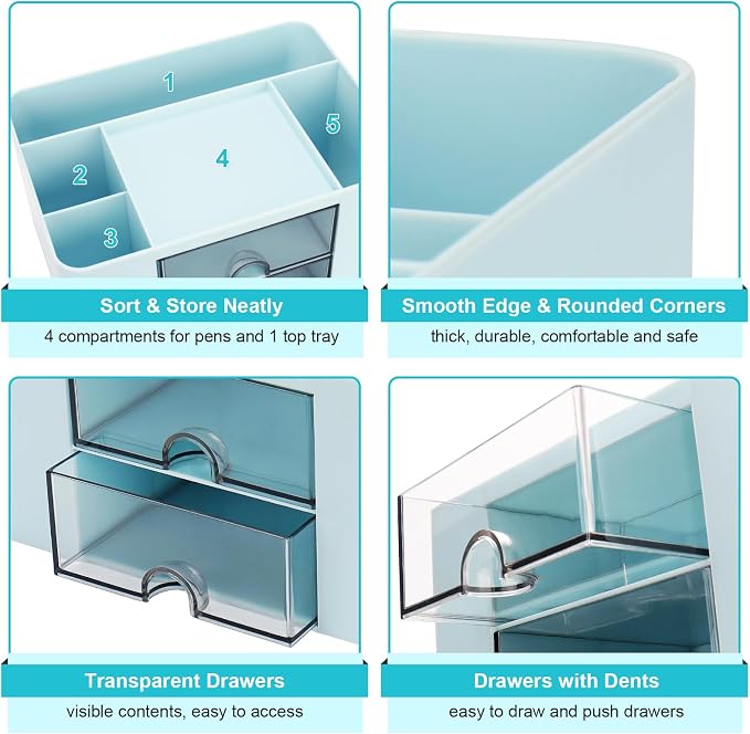 Meiikun Plastic Pen Organizer, Multifunctional Desk Organizer with 2 Drawers, 4 Compartments & a Top Tray, Pencil Holder Desktop Organizers and Accessories for Office, 7.7" x 5.5" x 3.9" (Blue)