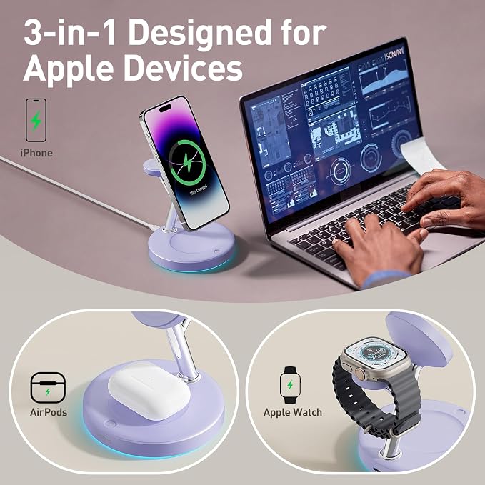 【Adjustable Blue Ambient Light】 Wireless Charger 3 in 1 for iPhone, Magnetic Charging Station for Apple Family,15W Fast MagSafe Charger Stand,for iPhone17-12-iWatch AirPods Series