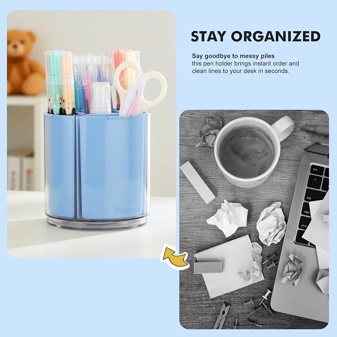 Comix 360° Rotating Pen Holder for Desk, Blue Pencil Holder with 5 Slots | Expandable Capacity, Acrylic Pen Organizer Easy to Clean, Cute Pencil Cup for Home School Office Art Supplies