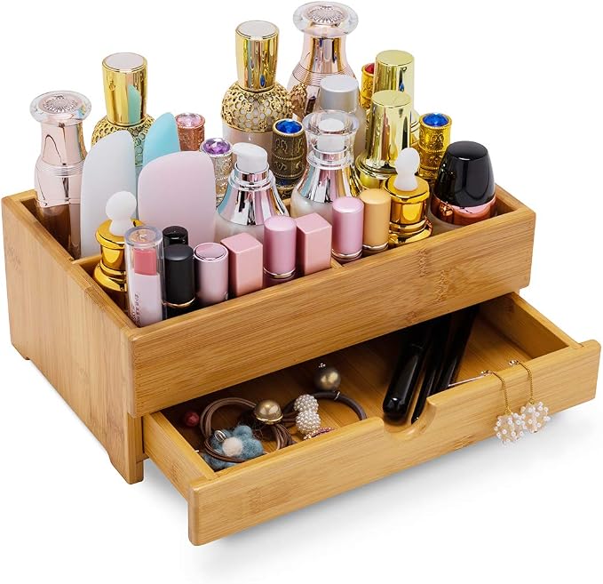 GOBAM Bamboo Makeup Organizer and Storage with Drawer, Wooden Cosmetic Organizer Countertop for Bathroom, Bedroom, Kitchen & Dresser, Desk Organizer with Drawers and Make up Vanity Station - Medium