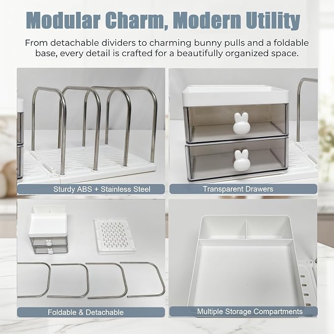 Marte Vanci Desk Organizer with File Holder, Versatile Tidy Organizer with 2 Drawers & Pen Holder, Stationery Storage Rack Detachable Bookends Desktop Caddy for Home Office Supplies Desk Accessories