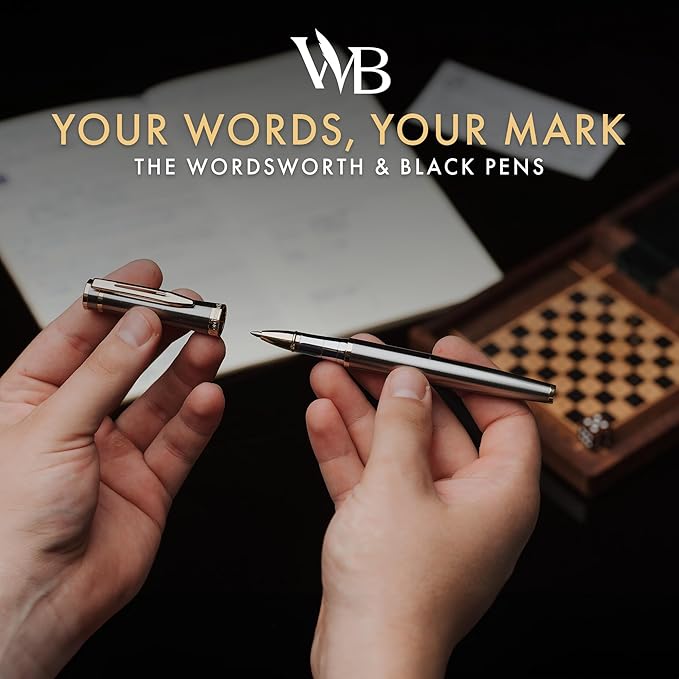 Wordsworth and Black Rollerball Pen - Luxury Pen - 24K Gold Finish, Silver Lacquer, Ink Refill, Refillable Gift for Men & Women, Professional Writing, Nice and Fancy Pens and for Work