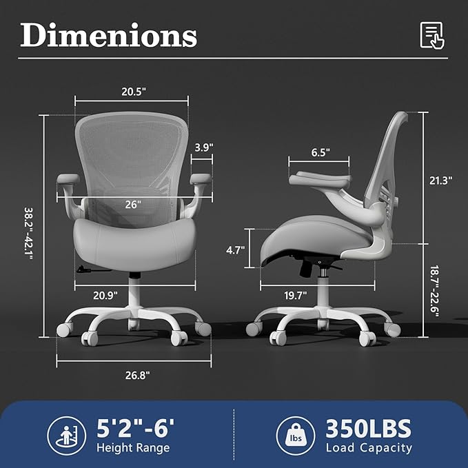 GYI Ergonomic Office Chair with Memory Foam Cushion, Big and Tall Office Chair, 4.7" Thickened Seat Heavy Duty Desk Chair with Technical Mesh Back, 3D Flip-up Arms, Wheels for Heavy People, Grey