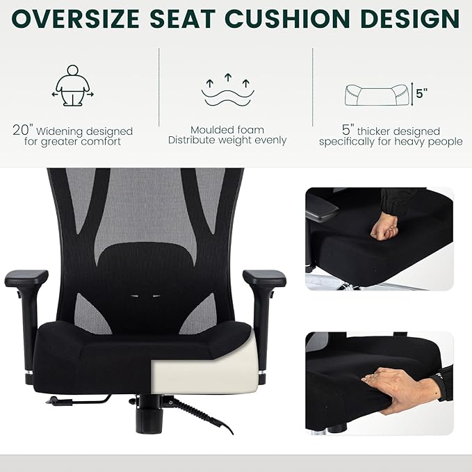 Heavy Duty Ergonomic Office Chair, 500lbs Capacity, Mesh Back, Aluminum Alloy Frame, Modern Style, Black