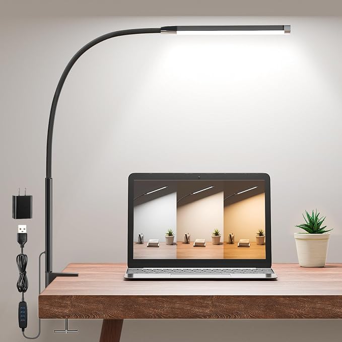 Clamp Lamp for Desk, Eye-Caring LED Clip Light (Black) | 27" Tall Flexible Arm, 3 Color Modes 10 Brightness, USB-Powered with 5V/2A Adapter