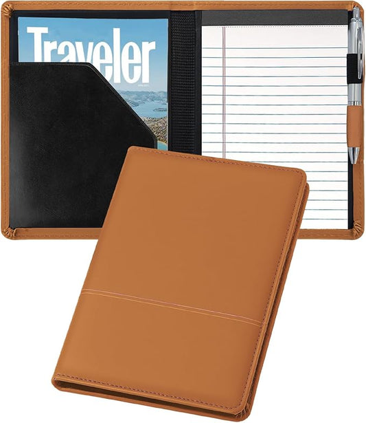 Classic Padfolio/Junior Portfolio Folder Case, Business A5 Binder Organizer Notepad for Men Women, 5 x 8 Writing Pad Included, Brown.