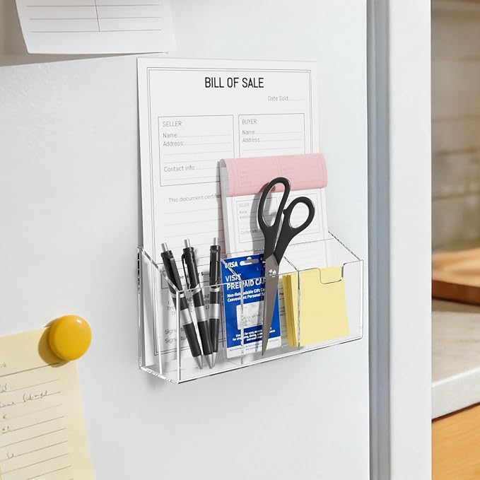 AITEE Large Magnetic Acrylic Fridge Organizer with 4 Strong Magnets | command center, non-slip pads, multi-compartment holder, stores mail bills pens scissors, for home kitchen office storage