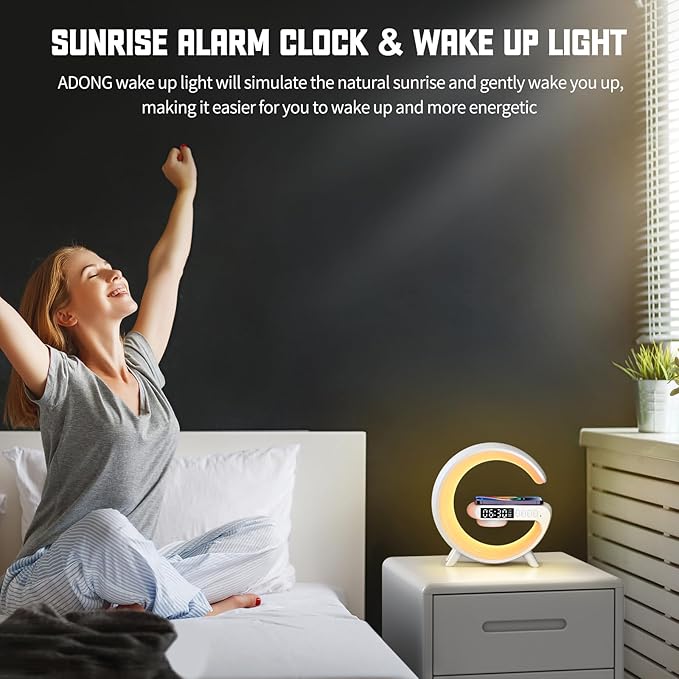 Smart LED Table Lamp, 4-in-1 Wireless Charger Smart Atmosphere Lamp, Night Light, Bluetooth Speaker & Alarm Clock for Bedroom, Office, and Home Decor (Black)