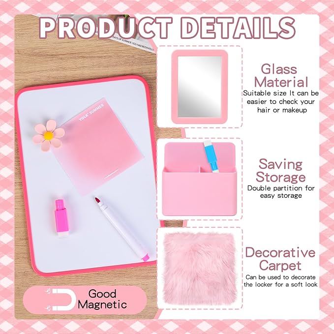 18 PCS Pink Locker Accessories Kit Back to School Locker Decorations Supplies for Girls Includes Whiteboard Mirror Organizer Markers Hook Rug String Lights Sticky Notes and Cute Flower Magnets