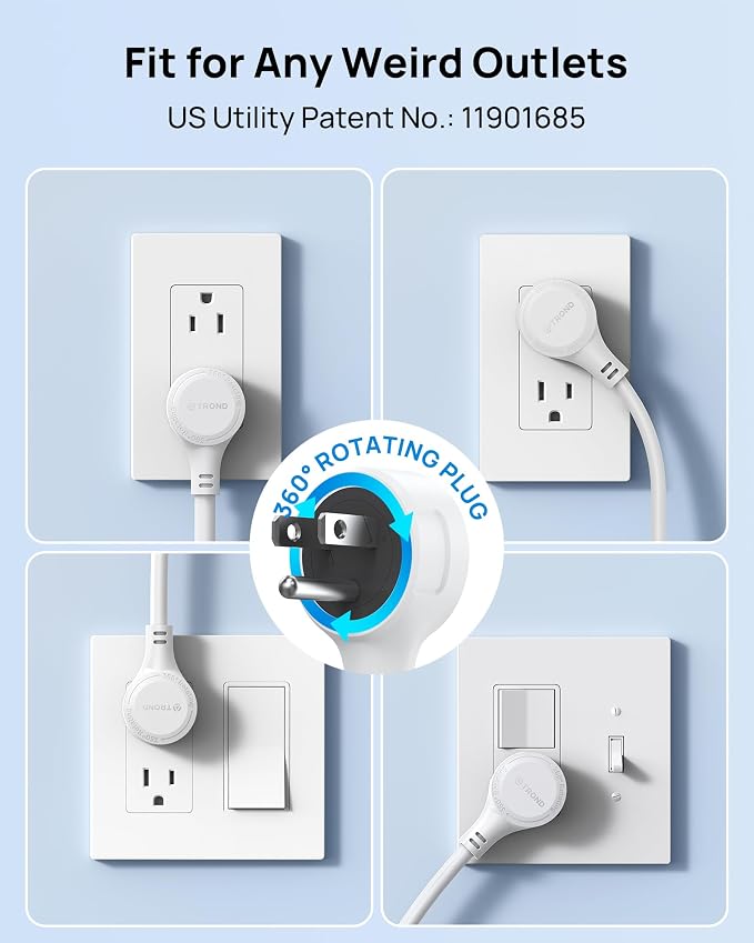 TROND 360° Rotating Plug Power Strip, ETL Listed, Flat Plug 10ft Extension Cord, 2 USB-A and 2 USB-C, Wall Mountable, 7 Widely-Spaced Outlets, 1700J Surge Protector, for Home Office Garage, White