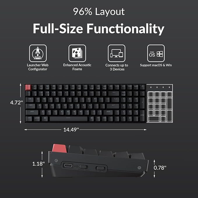 Keychron K4 96% Layout QMK Wireless and Wired Options Mechanical Keyboard, White Backlight Super Red Switch, Paired with Shine-Through Double-Shot PBT Keycaps for Mac Windows-Version 3