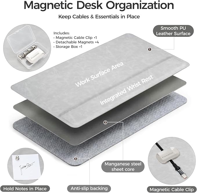 Magnetic Desk Mat System with Wrist Support 80×40cm, Premium Leather Desk Pad with Magnetic Accessories, Waterproof Non-Slip Desk Organizer for Office & Gaming