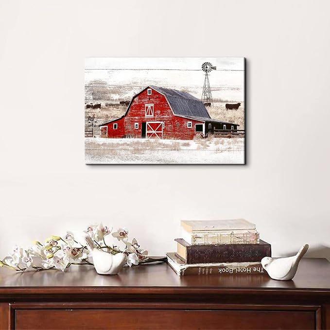Farmhouse Barn Wall Art Rustic Windmill Wall Decor for Living Room Kitchen, Country Landscape Painting, Vintage Highland Cow Canvas Prints Rustic Old Barn Poster Artwork Cabin Home Decoration 16x24”