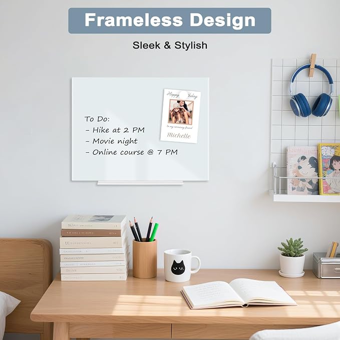 Magnetic Glass Whiteboard, 16" x 12", Frameless Wall Mount, Normal White | Glass Dry Erase Board for Wall, Includes 1 Marker Tray and 4 Magnets, White Board for Office, Home, Classroom