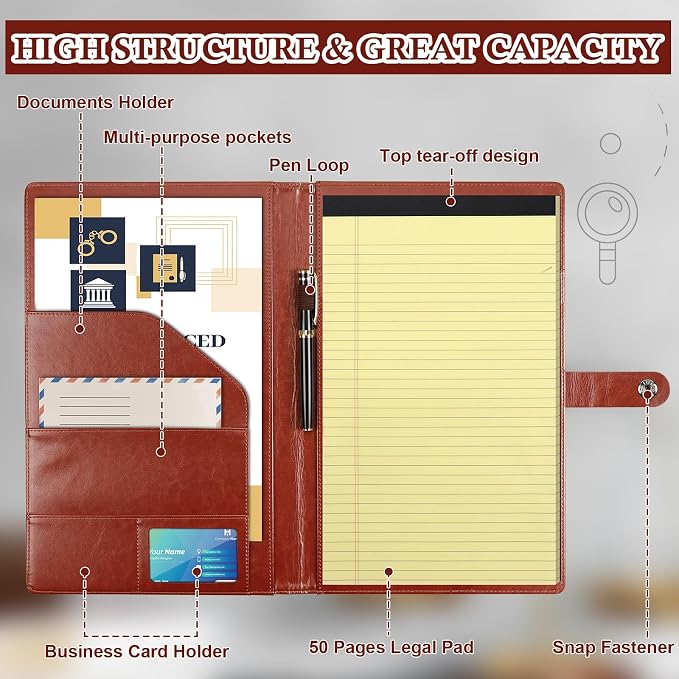 1Pack Legal Size Portfolio Padfolio PU Leather with 8.5 x 14 inch Tearable Legal Pad Holder 50 Sheets Leather Portfolio Folder Binder for Interview Attorneys Business Brown