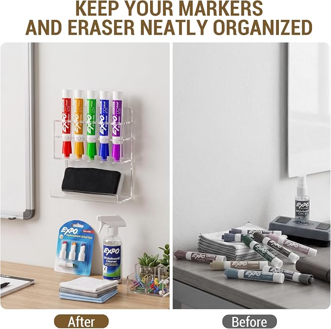 MyGift Wall Mounted Clear Acrylic Dry Erase Marker Holder Organizer for 5 Markers and Eraser, Hanging Whiteboard Accessories Rack for Office Home Dorm Classroom Meeting Room