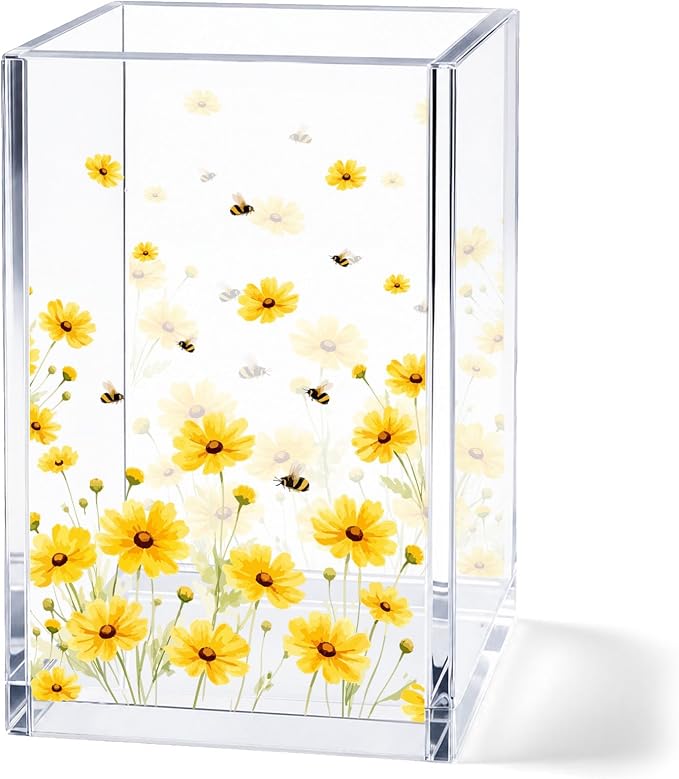 Sunflower Acrylic Pen Holder Cup, Farmhouse Aesthetic Desk Decor, Floral Pattern Pencil Holder Organizer, Office Accessories, Gift for Women