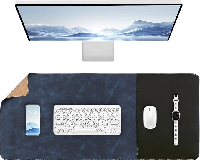 HAUTOCO Cork Desk Mat 31.5"x15.7", Distressed PU Leather & Cloth Desk Pad | Waterproof, Non-Slip, Stitched Edges, Royal Blue Large Gaming Mouse Pad, Laptop Blotter & Desk Protector for Office and Home