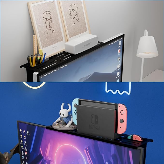 TV Top Shelf, 35.4" Metal Monitor Mount Floating Stand with Storage Boxes,Cable Box Above Screen for Apple TV,Sound Bar,Speaker,Router,Switch,Remote Control,DVD,Tv Accessories
