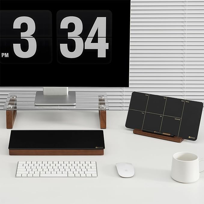 Desktop Black Glass Dry Erase Board with Wood Organizers for Small Office Supplies, Desk Whiteboard with Drawer for Home Office Cubicle, Accessories Included, Yeoux | Build With Soild Walnut Wood & Tempered Glass, Small Office Supplies Storage, For Hom...