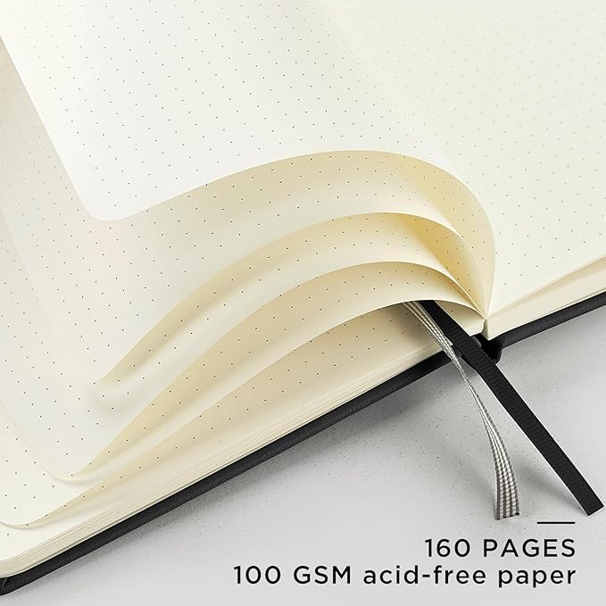 &And Per Se Dotted Journal Notebook, A5 Hardcover Leather Dotted Journal, 160 Pages 100gsm Thick Dot Grid Paper, 3 Sheets of Stickers Included - 5.7'' x 8'' (Black)