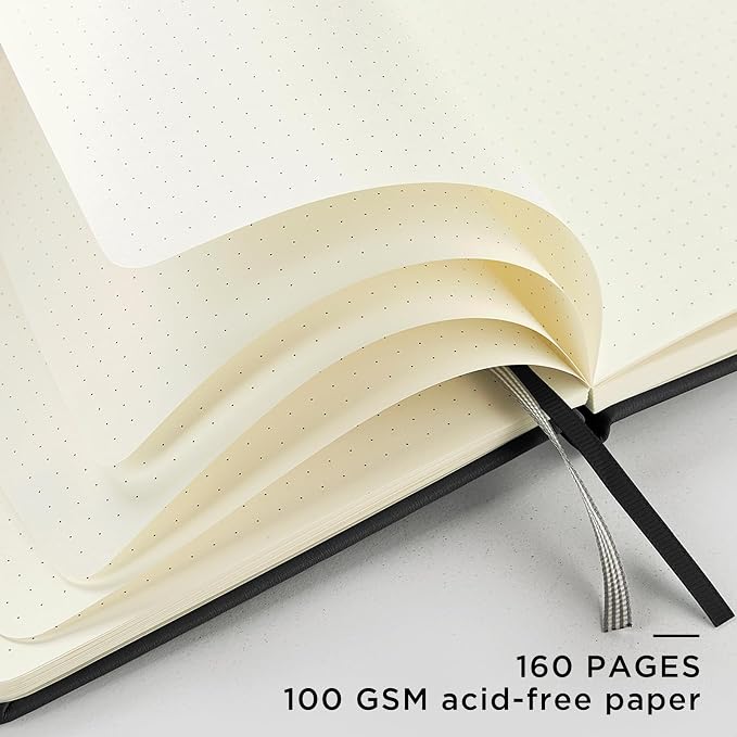 &And Per Se Dotted Journal and Pen Set, A5 Leather Hardcover Dotted Notebook, 160 Pages 100GSM Thick Paper Dot Grid Journal with Fineliner Pen (Black)