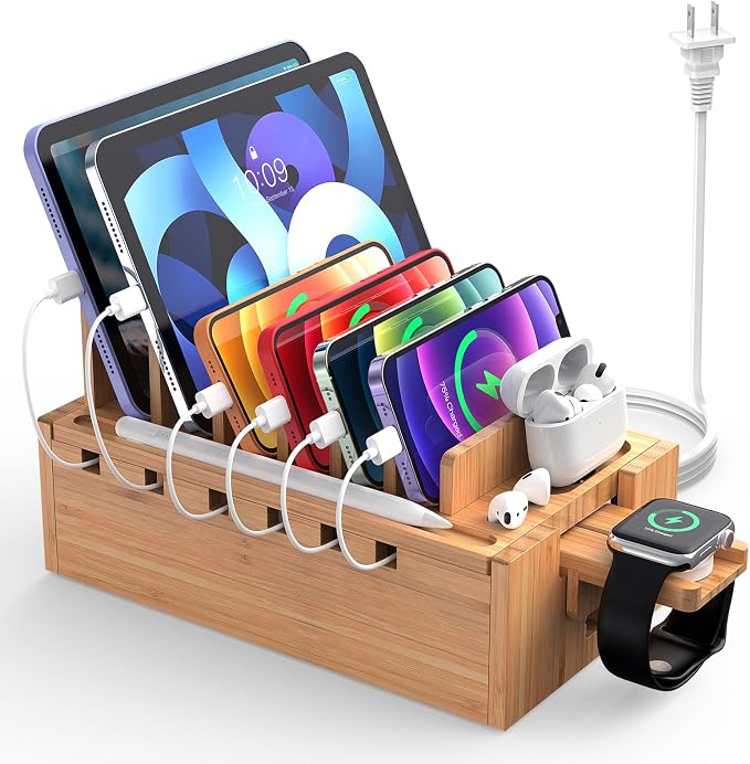Pezin & Hulin Bamboo Charging Station with 5-Port USB & 5 Cables | All-in-One, 5-Port USB HUB Included, 8-Device Organizer, Natural Bamboo, Hidden Cord Compartment, Magnetic Base, Watch Stand