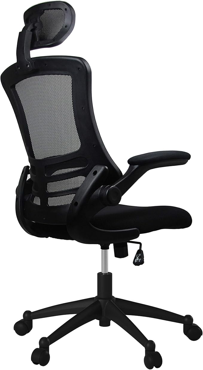 Techni Mobili High-Back Mesh Office Chair with Headrest, Recline, Black | Executive mesh office chair, adjustable headrest, flip-up arms, recline control, height adjustable, swivel chair, ergonomic