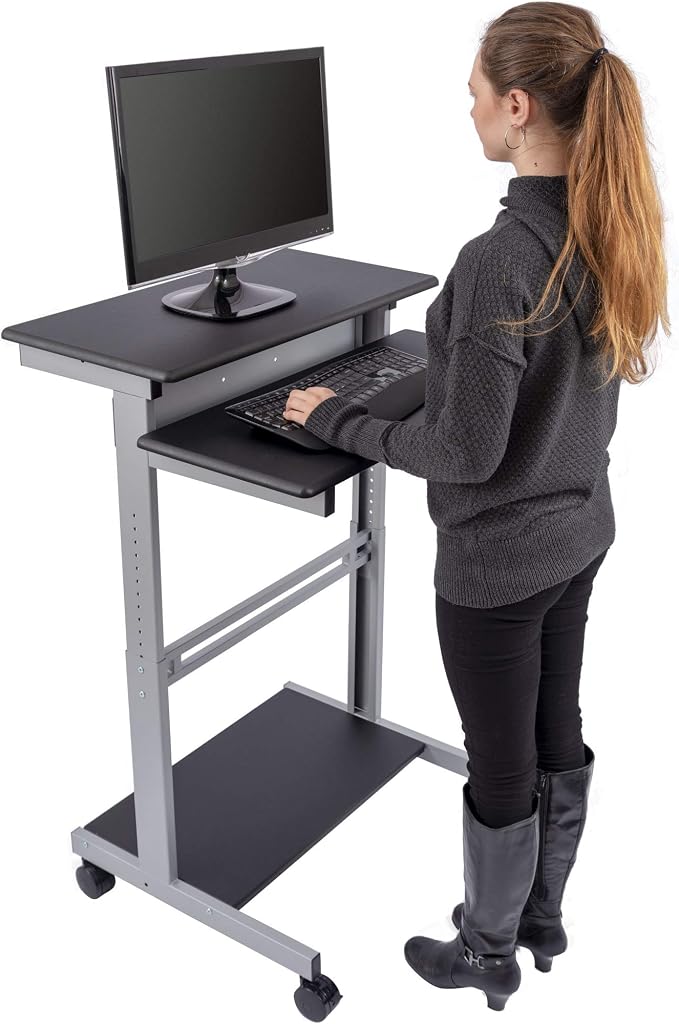 S STAND UP DESK STORE Rolling Adjustable Height Two Tier Standing Desk Computer Workstation (Silver Frame/Black Top, 32 Wide)